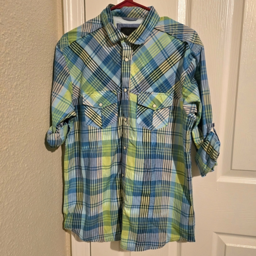 NWT Bench Men's Blue and‎ Green Plaid Long Sleeve Shirt Size Medium